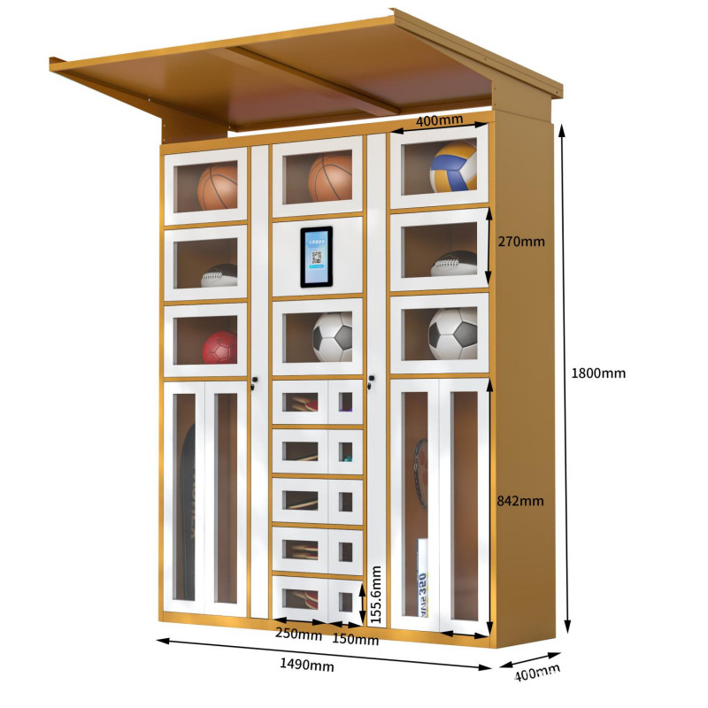 Sports Equipment Cabinet - LH skates basketball football items borrow